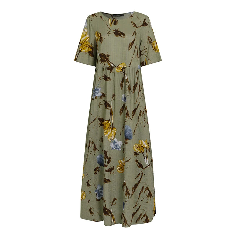2025 ZANZEA Bohemian Holiday Sundress Summer Women Vintage Floral Printed Short Sleeve Beach Dress Loose Long Vestido Robe Femme