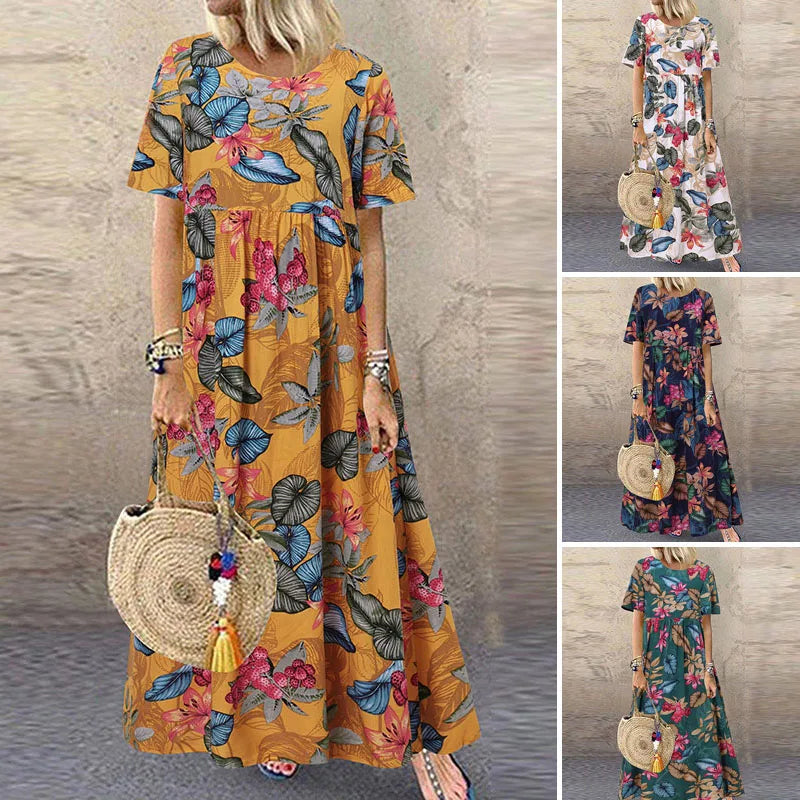 2025 ZANZEA Bohemian Holiday Sundress Summer Women Vintage Floral Printed Short Sleeve Beach Dress Loose Long Vestido Robe Femme