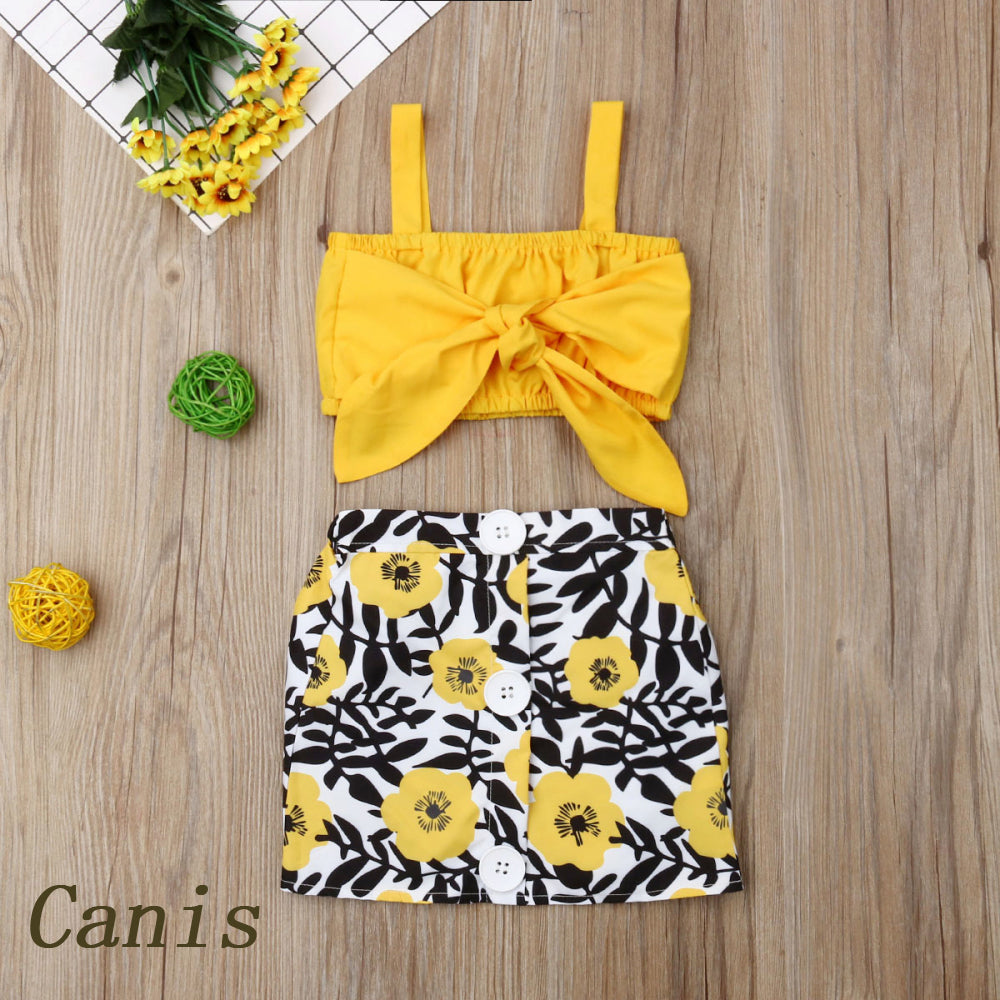 2021 Hot Sale Baby Clothes 2pcs Set Newborn Baby Girl Clothes Cute Big Bow Vest Tops Flower Skirt Yellow Summer Beach Streetwear