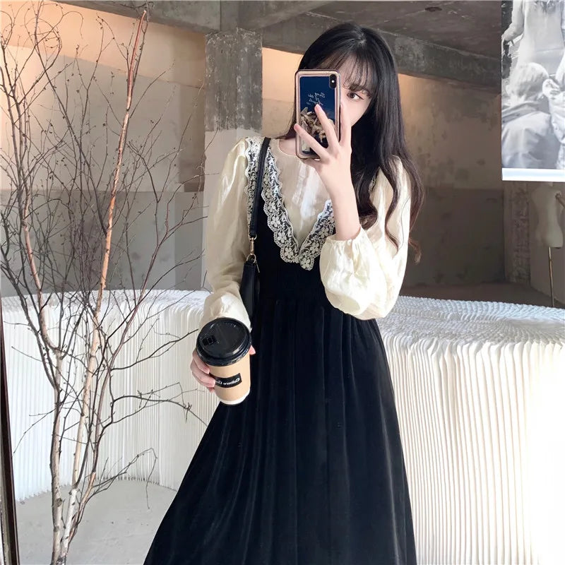2025 French Vintage Velvet Dress Suits Women Fashion Elegant Two-piece Sets Spring Autumn V-neck Dress + Shirts Female