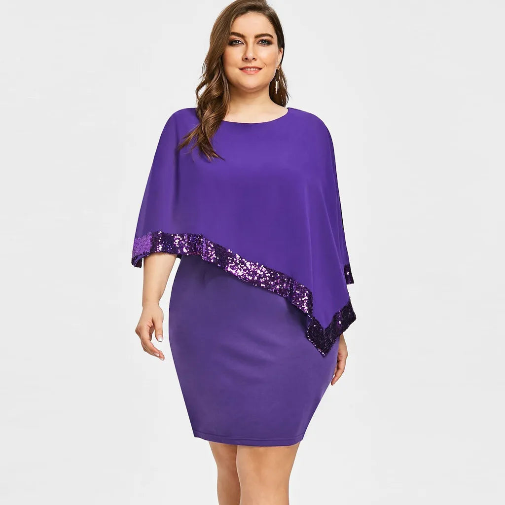 Plus Size Summer Dress Women Sexy Cold Shoulder Overlay Asymmetric Chiffon Strapless Sequins Dresses Evening Party Dress 5XL