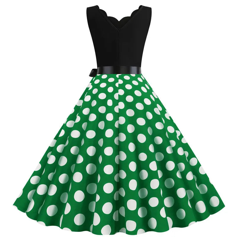 Women Dot Print Dress Summer Sexy V-neck Sleeveless Elegant Vintgae Party Dress Vestidos  S~3XL Robe Femme