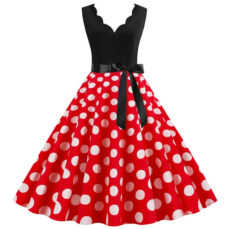 Women Dot Print Dress Summer Sexy V-neck Sleeveless Elegant Vintgae Party Dress Vestidos  S~3XL Robe Femme