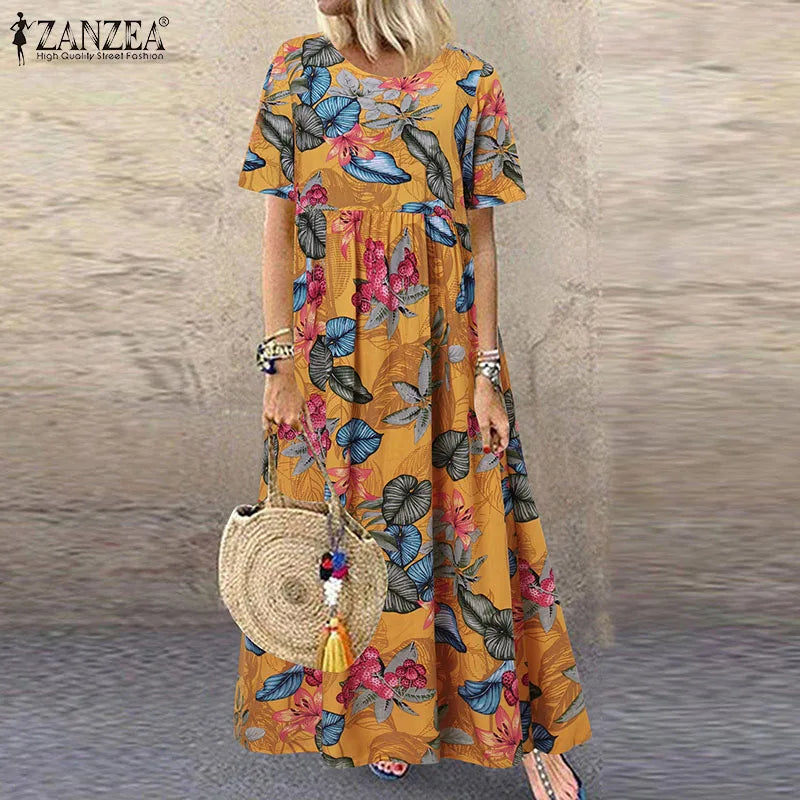 2025 ZANZEA Bohemian Holiday Sundress Summer Women Vintage Floral Printed Short Sleeve Beach Dress Loose Long Vestido Robe Femme