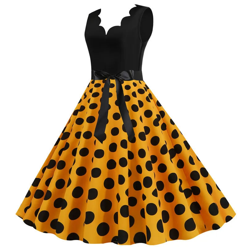 Women Dot Print Dress Summer Sexy V-neck Sleeveless Elegant Vintgae Party Dress Vestidos  S~3XL Robe Femme