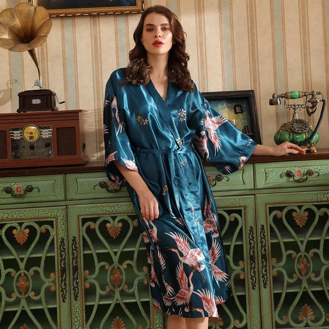 Robe de chambre femme mi-longue – Satin à poches