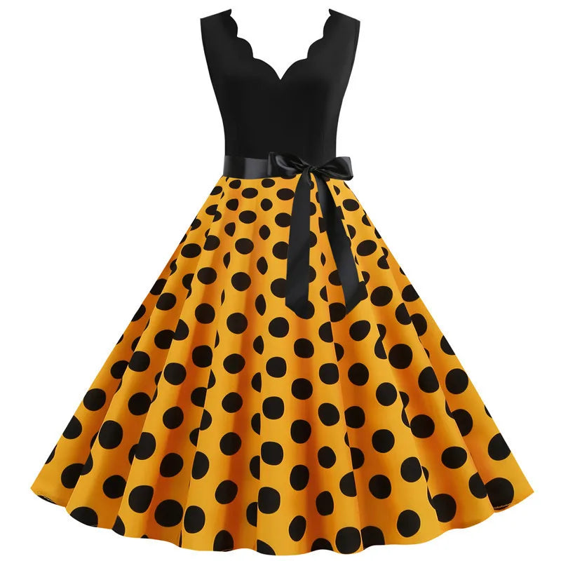 Women Dot Print Dress Summer Sexy V-neck Sleeveless Elegant Vintgae Party Dress Vestidos  S~3XL Robe Femme