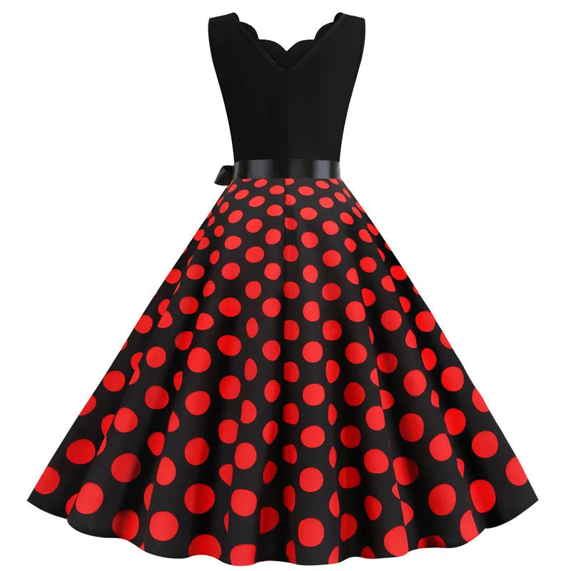 Women Dot Print Dress Summer Sexy V-neck Sleeveless Elegant Vintgae Party Dress Vestidos  S~3XL Robe Femme