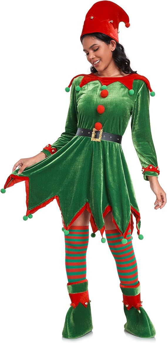 Women's Christmas elf costume set, adult velvet dress costume, Santa Claus helper, Christmas holiday