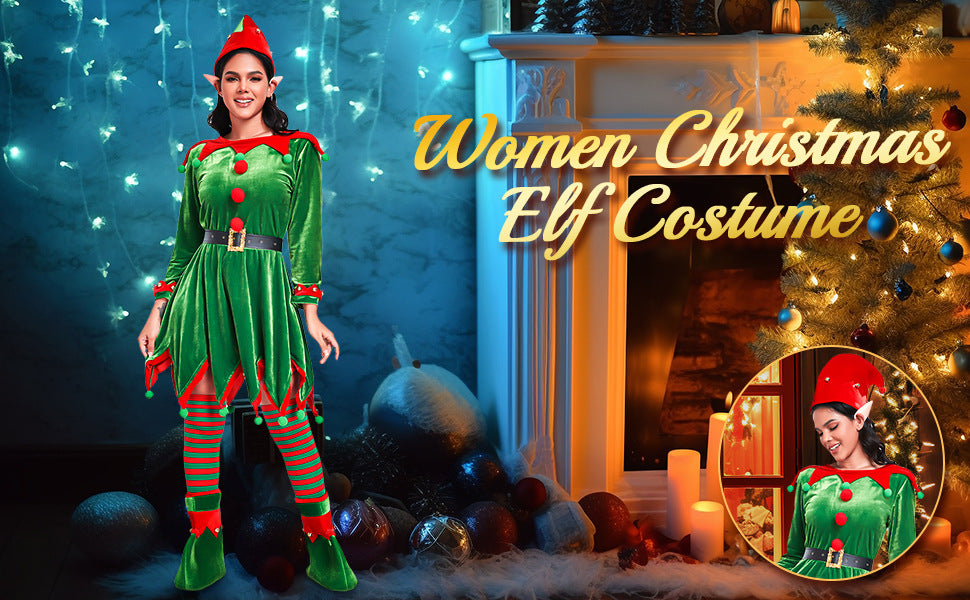 Women's Christmas elf costume set, adult velvet dress costume, Santa Claus helper, Christmas holiday