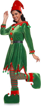 Women's Christmas elf costume set, adult velvet dress costume, Santa Claus helper, Christmas holiday