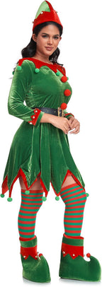 Women's Christmas elf costume set, adult velvet dress costume, Santa Claus helper, Christmas holiday