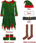 Women's Christmas elf costume set, adult velvet dress costume, Santa Claus helper, Christmas holiday