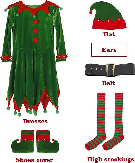 Women's Christmas elf costume set, adult velvet dress costume, Santa Claus helper, Christmas holiday
