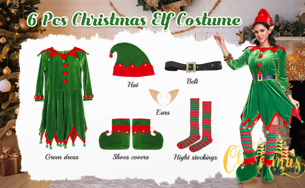 Women's Christmas elf costume set, adult velvet dress costume, Santa Claus helper, Christmas holiday