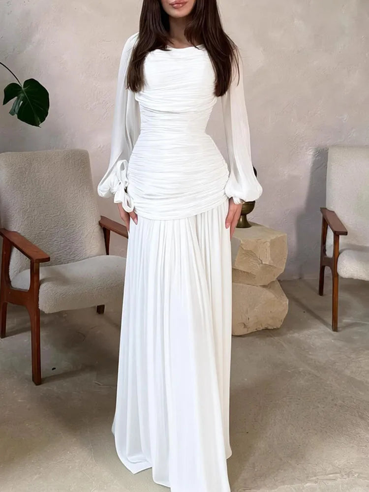 Elegant Temperament Robe Dresses 2026 New Spring Pleated Solid Color Maxi Dress Women O-neck Long Sleeved High Waist Party Dress
