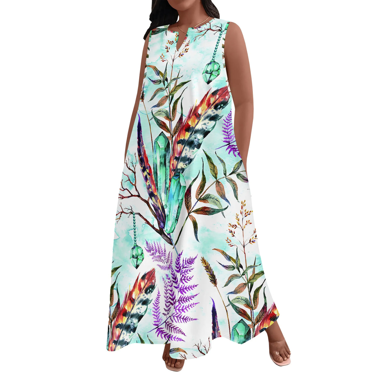 Plus Size Women's  Summerl Fashion Printed  African Style Sleeveless Round V Neck Dress Loose And Casual Dress