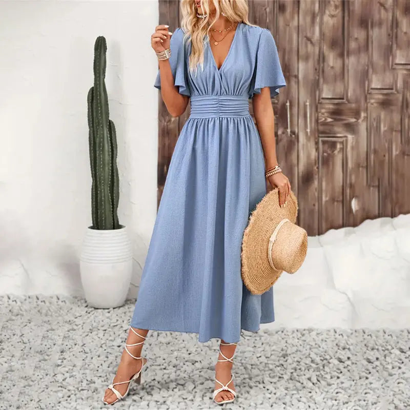 Women Ruffle Solid Pleated Long Dress Chic V Neck Short Sleeved  Black Blue Lace Up Robes Summer Lady High Street Wear Holiday