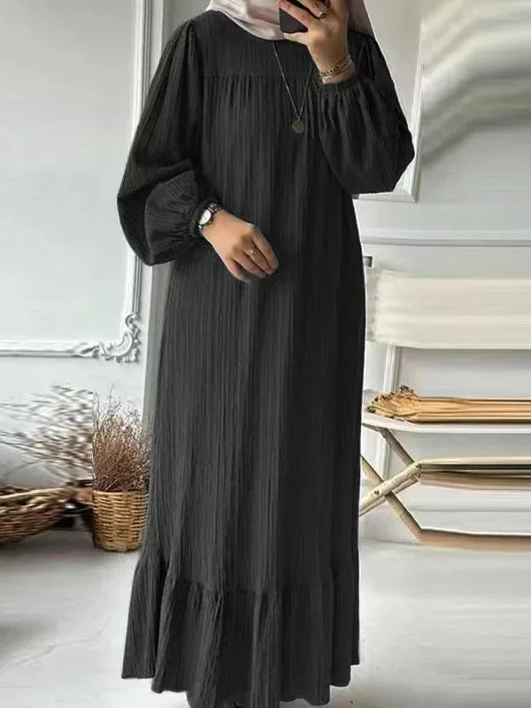 Robe Women's Spring Autumn New Fashion Bubble Sleeves Retro Comfortable Casual Breathable Pocket Ruffle Hem Knee High Dress