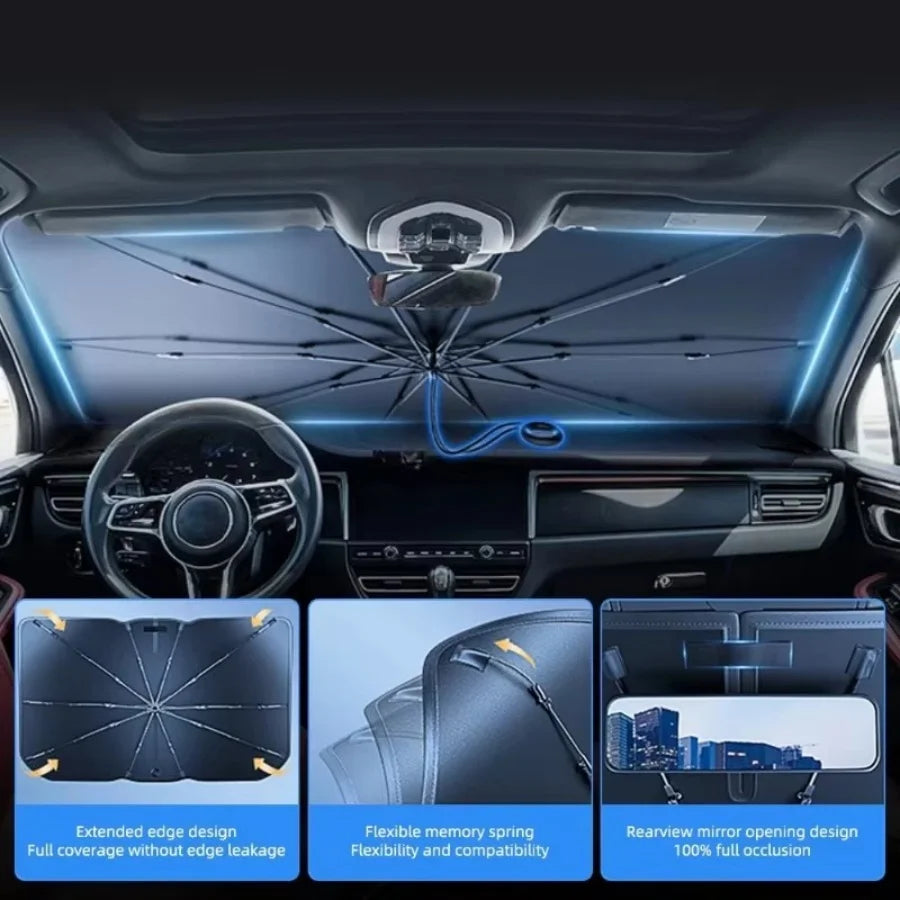 Windshield Sun Shade with 360° Pull Cord Anti-Scratch Handle - Upgraded Sunshade for Car Windshield with Double-Layer Fabric