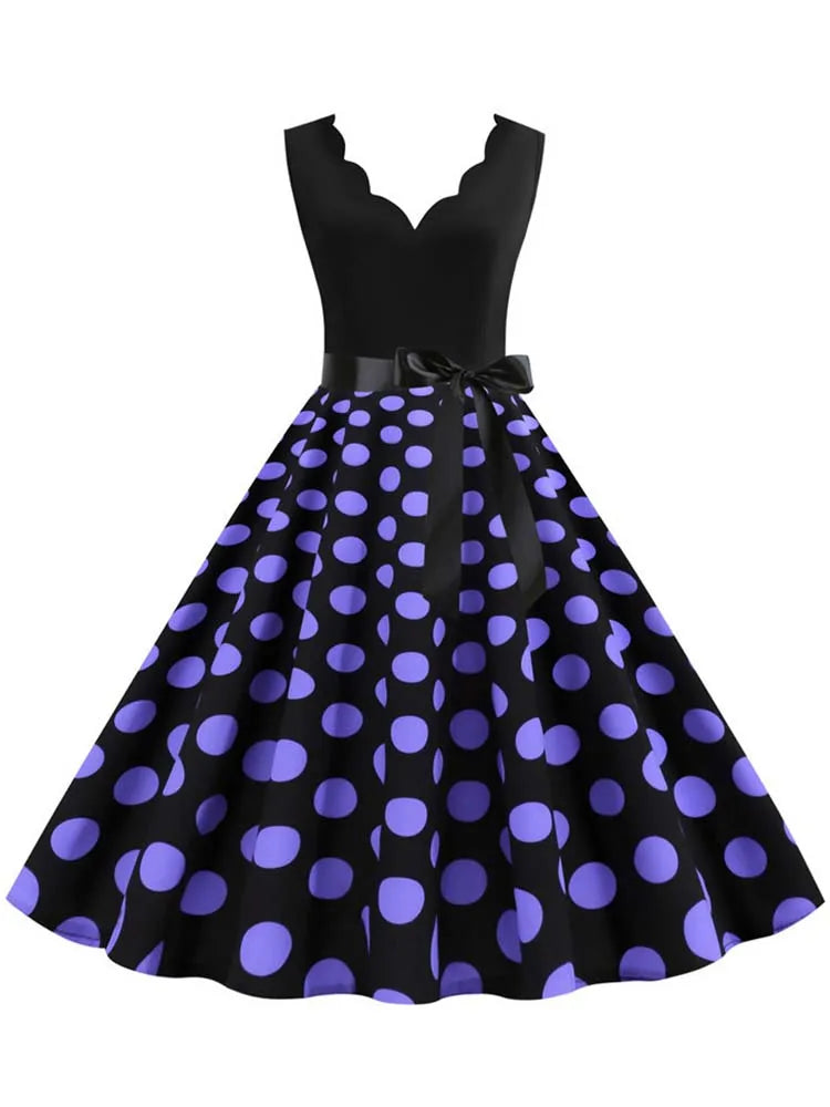 Women Dot Print Dress Summer Sexy V-neck Sleeveless Elegant Vintgae Party Dress Vestidos  S~3XL Robe Femme