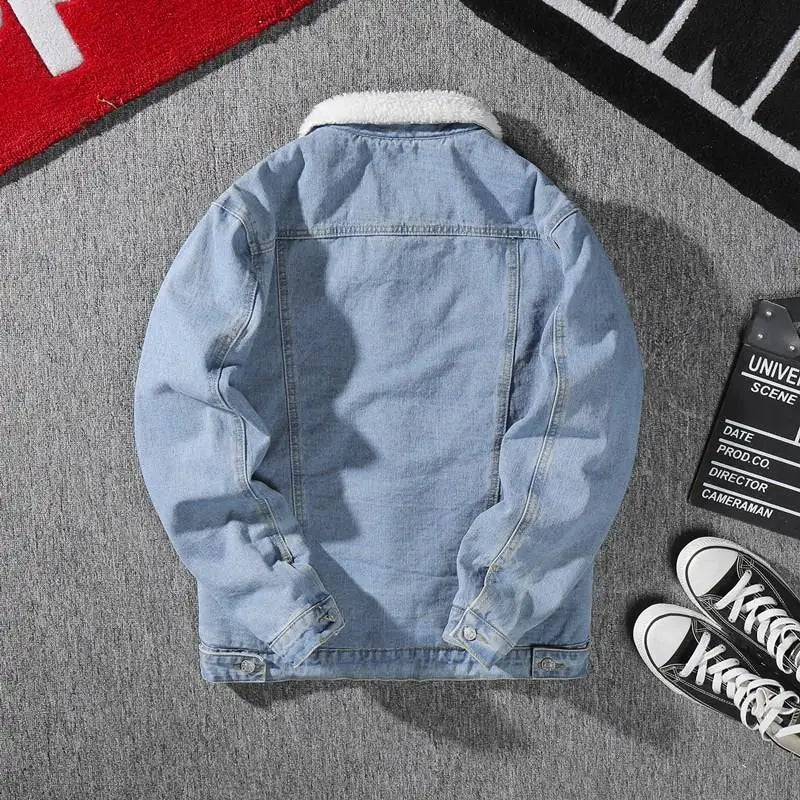 Men's Denim Jacket Autumn Winter Thickened Fleece Collar Cotton Jacket Loose Fit Warm Korean Style Lamb Velvet Lined Coat