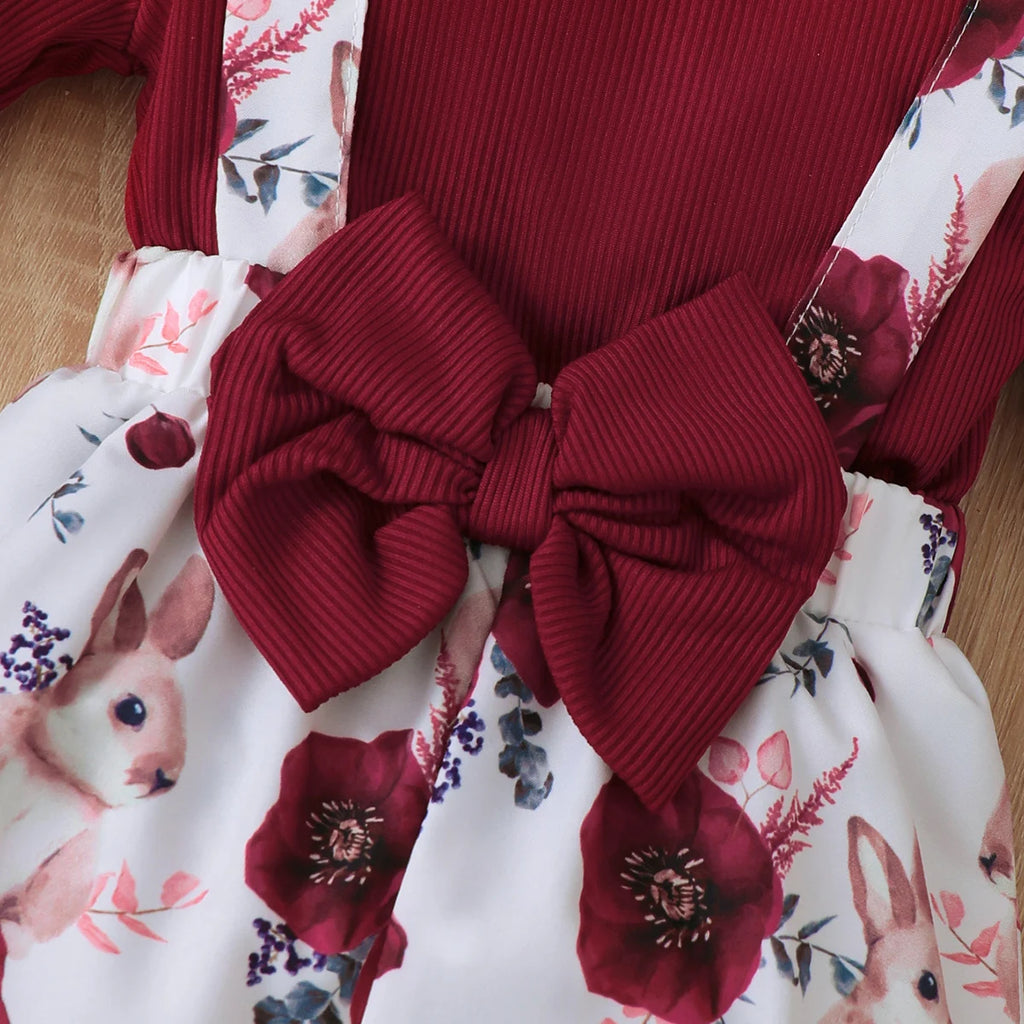3Pcs Baby Girl Set Flying Sleeve Pit Strip jumpsuit+Printed Strap Pants+Headband Set 0-24 Months Baby Girl Spring Autumn Set