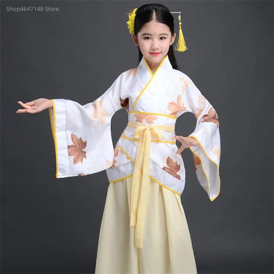 2025 Robe en soie chinoise pour filles, Kimono pour enfants, Costume de danse de chorale Hanfu traditionnel Vintage