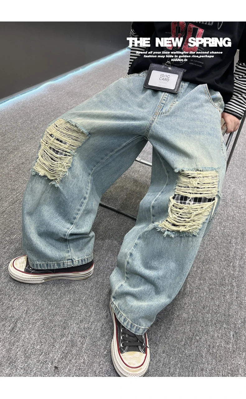 Distressed Designer Kids Desroyed Ripped Jeans Trousers with Holes On Knee for Boys Casual Broken Denim Pants 5 6 8 9 10 12 14 Y