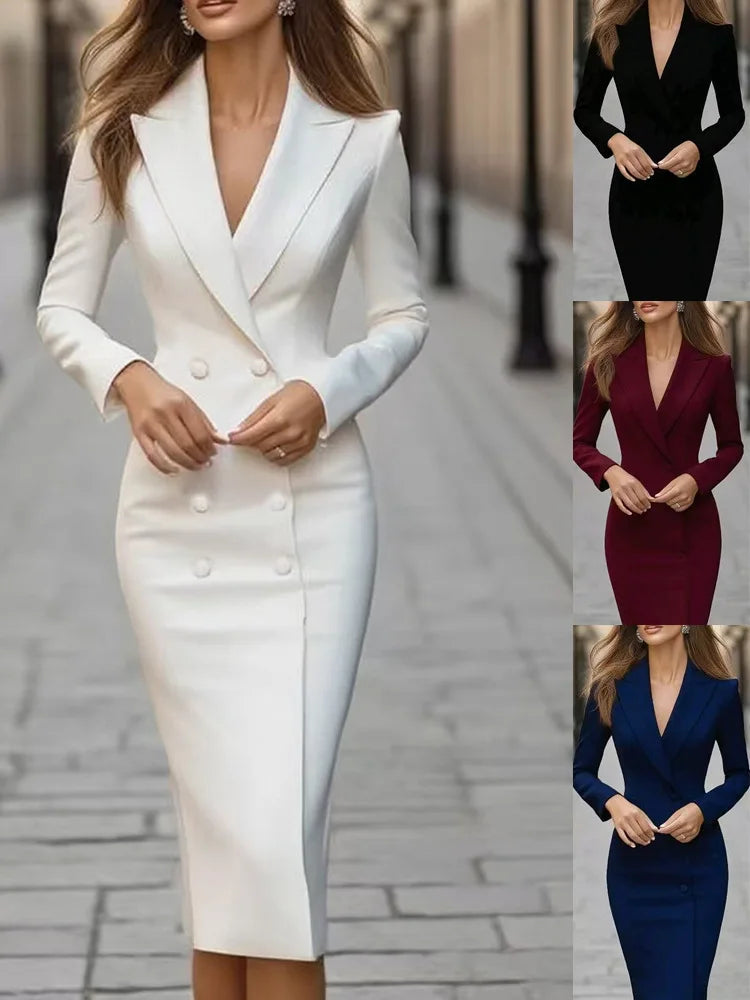 Women's Elegant Dress Fashion New Style Suit Single-breasted Long-sleeved Commuter V-neck Jacket Black White Dresses For Women