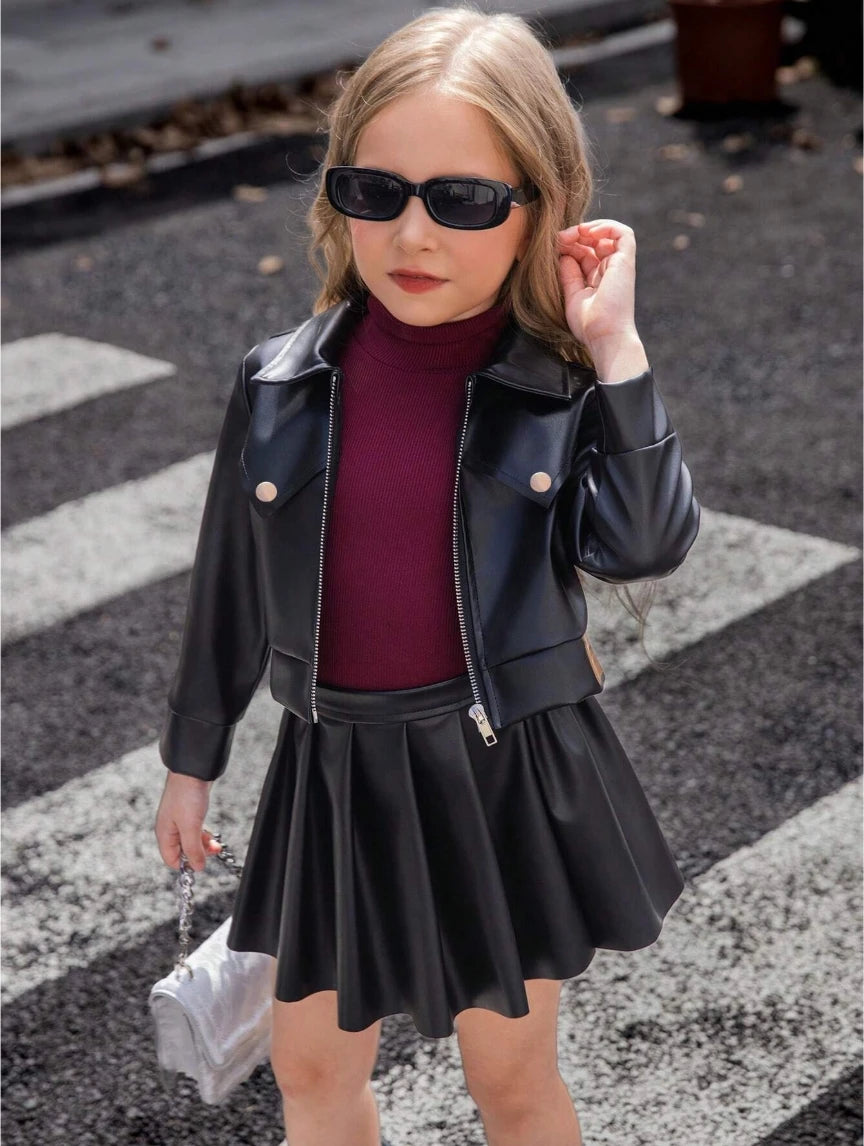 Children's Clothing for Girls, Spring and Autumn Stylish Pu Jacket and Versatile Short Skirt Two-Piece Set, New Fashion Street Style Cool Half Skirt, Easy to Clean, New Versatile Pu Leather Outfit