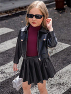 Children's Clothing for Girls, Spring and Autumn Stylish Pu Jacket and Versatile Short Skirt Two-Piece Set, New Fashion Street Style Cool Half Skirt, Easy to Clean, New Versatile Pu Leather Outfit
