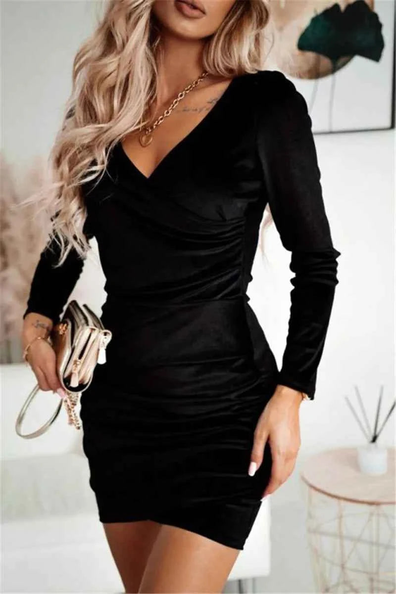 European Elegant Evening Party Dress for Woman Clothing Fashion V Neck Long Sleeved Velvet Casual Mini  Sheath Dresses