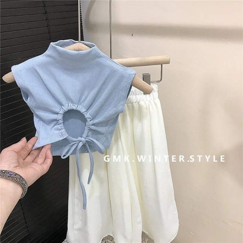 Children's Clothing sets 2-7 Years Backless Sleeveless T-Shirt & White Wide Leg Pants Summer Outfit Toddler Infant Clothing Set