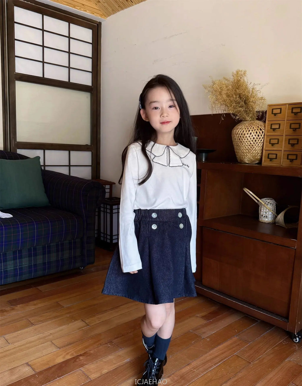 Teen Girl Clothes Children  Waist Shell Button Denim Skirt and Top Kids Versatile Casual Outfits Costumes Vintage Girls Elastic