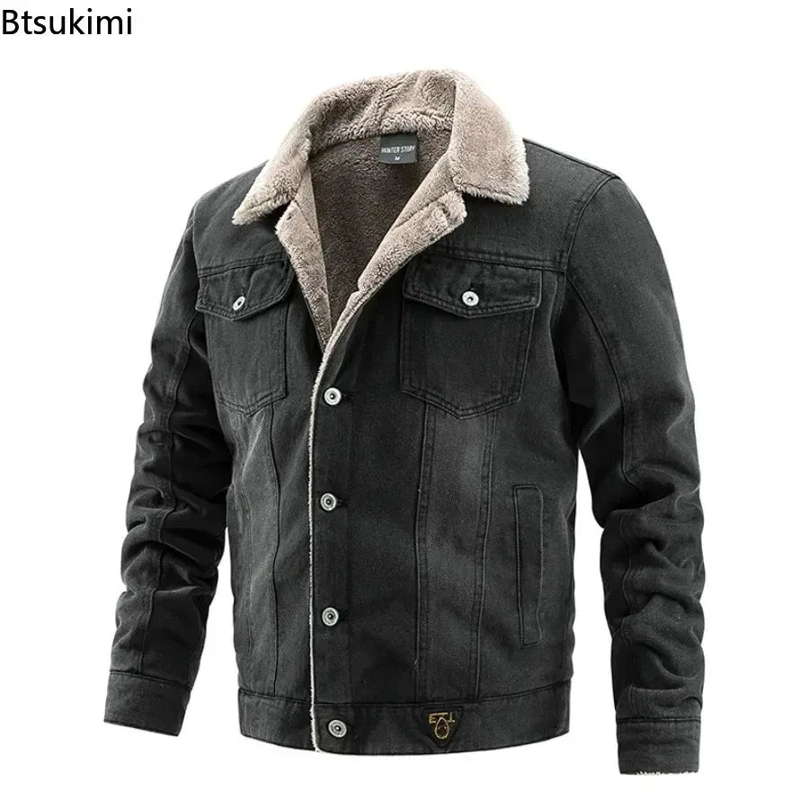 2026 Men's Vintage Denim Jacket Autumn Winter New Thicked Plush Liner Warm Loose Casual Lapel Neck Coat Male Fashion Jean Parkas