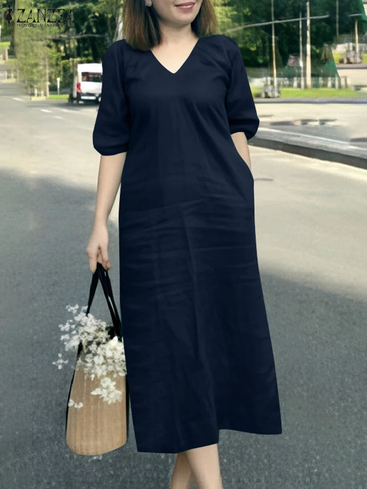 ZANZEA 2025 Fashion Summer Dress Women V Neck Short Sleeve Holiday Sundress Casual Loose Party Work Vestidos Kaftan Robe Femme
