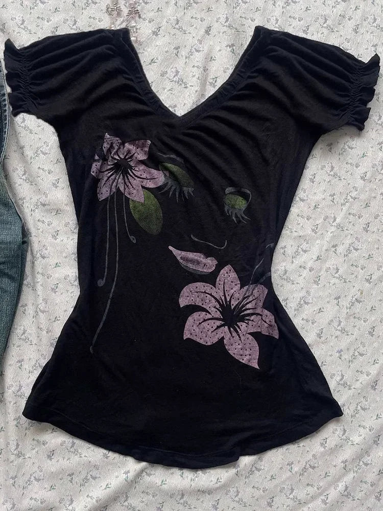 Sexy Punk Vintage Women Clothes Y2k Summer 90s Gothic Flower Casual Gaphic T Shirts Femme Short sleeve Streetwear Slim Tops Tees
