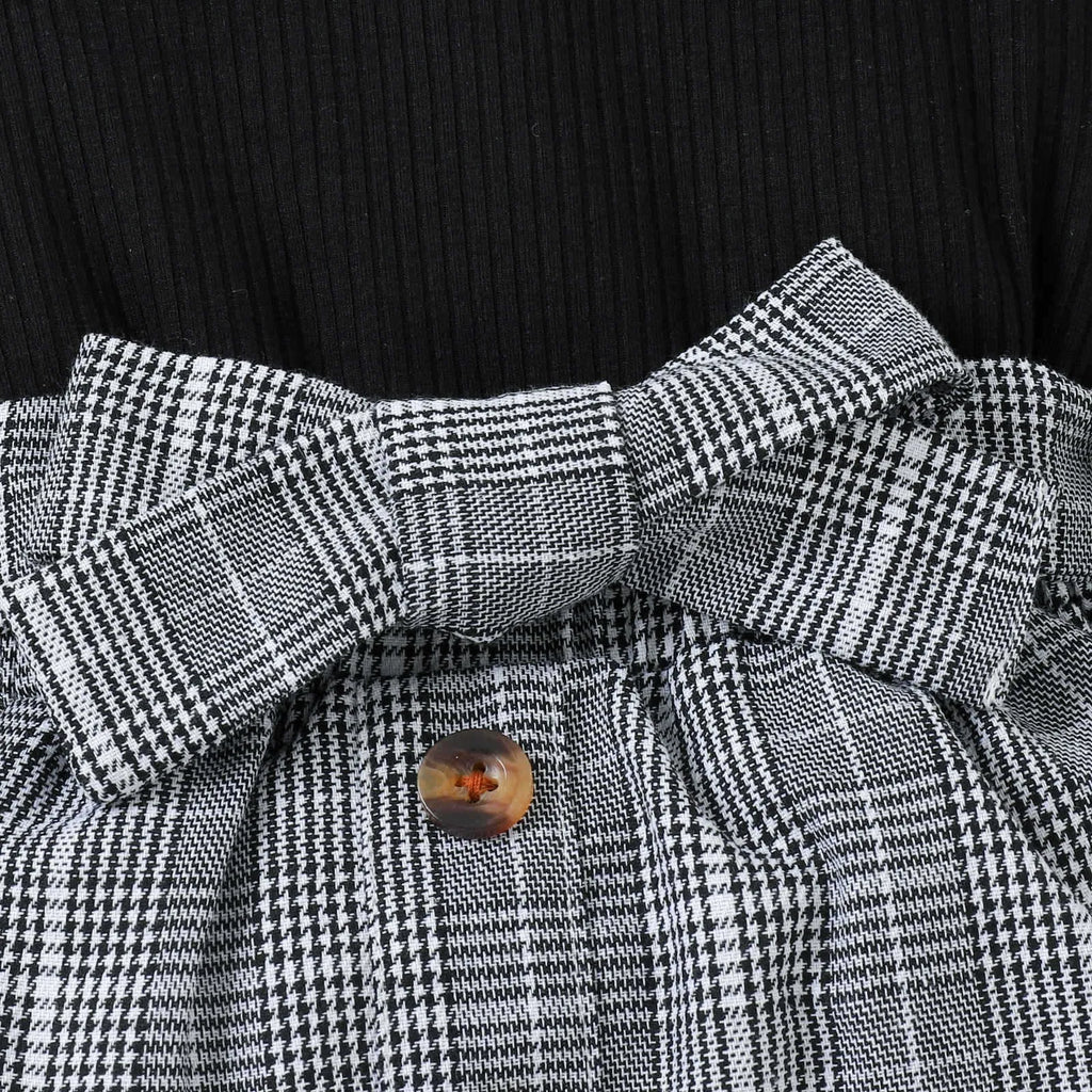 4-7Y Children Girls Clothing Outfit Solid Color Long Sleeve Ruffle Tops+Plaid Skirt With Belt+Bag Kids Girl Costume 3Pcs Set