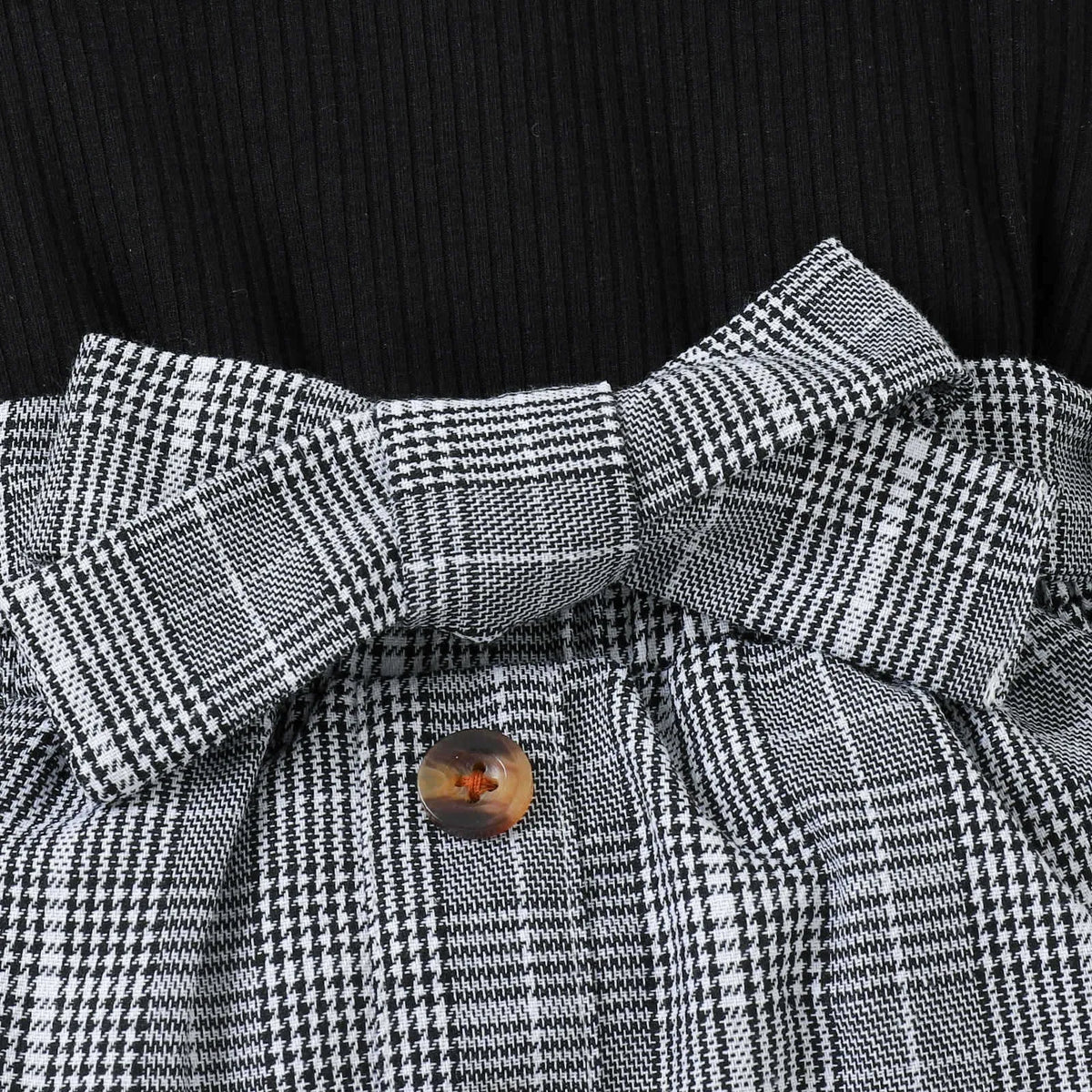 4-7Y Children Girls Clothing Outfit Solid Color Long Sleeve Ruffle Tops+Plaid Skirt With Belt+Bag Kids Girl Costume 3Pcs Set