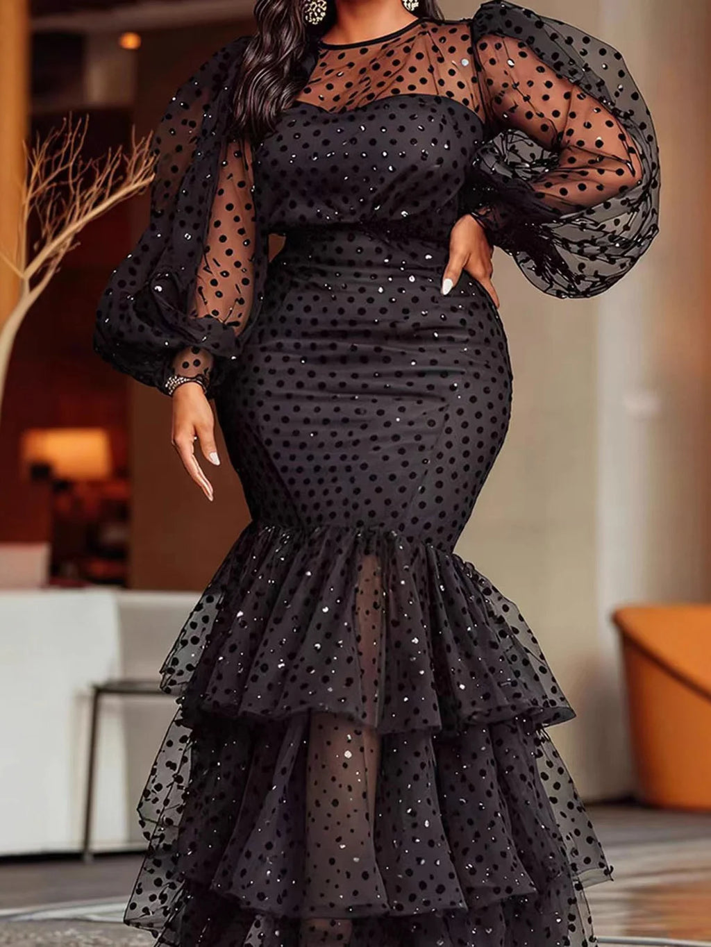 Women's Plus Size Polka Dots Evening Dress Crew Neck Mesh Sheer Prom Party Robe Dress Tiered Ruffle Hem Chic Formal Maxi Dresses