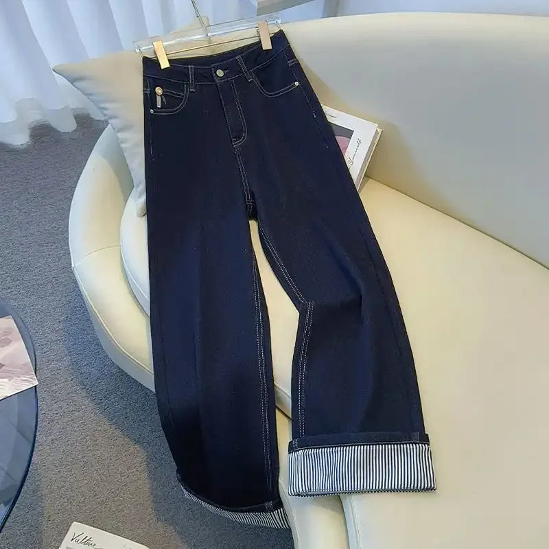 Jean femme wide leg délavé – Revers rayé streetwear