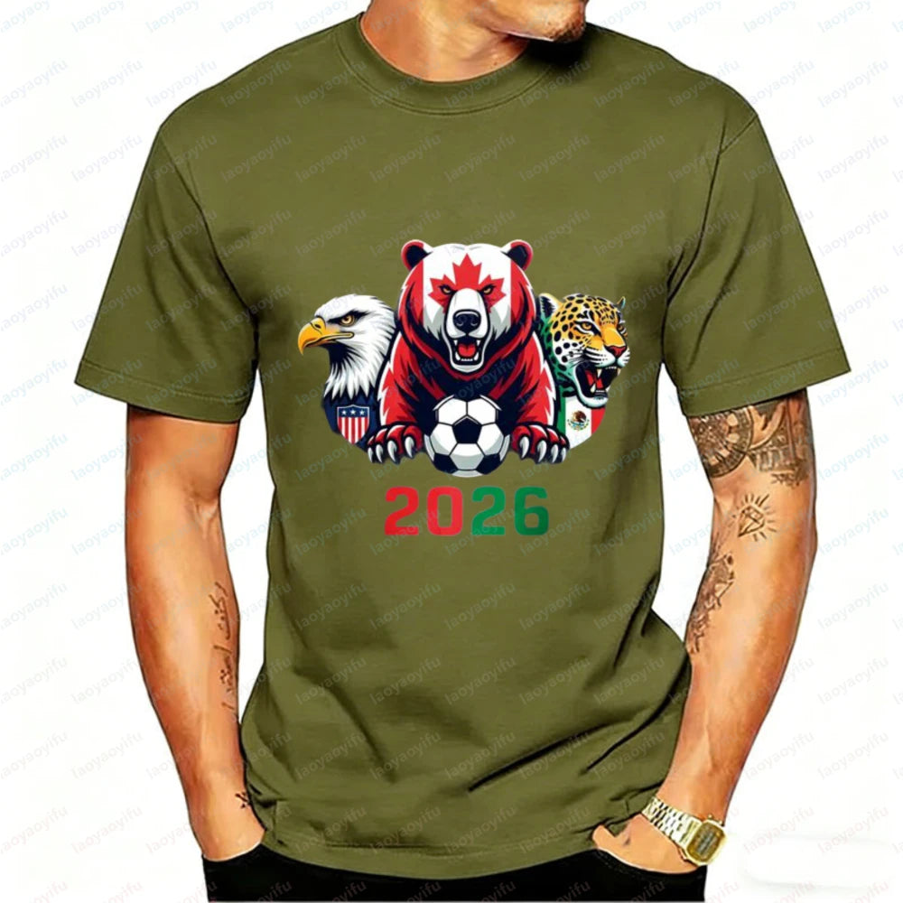 2026 North America Soccer T-Shirt for Men Women Bear Eagle Jaguar Mascot Graphic Tee Short Sleeve Cotton Tops for Football Fans