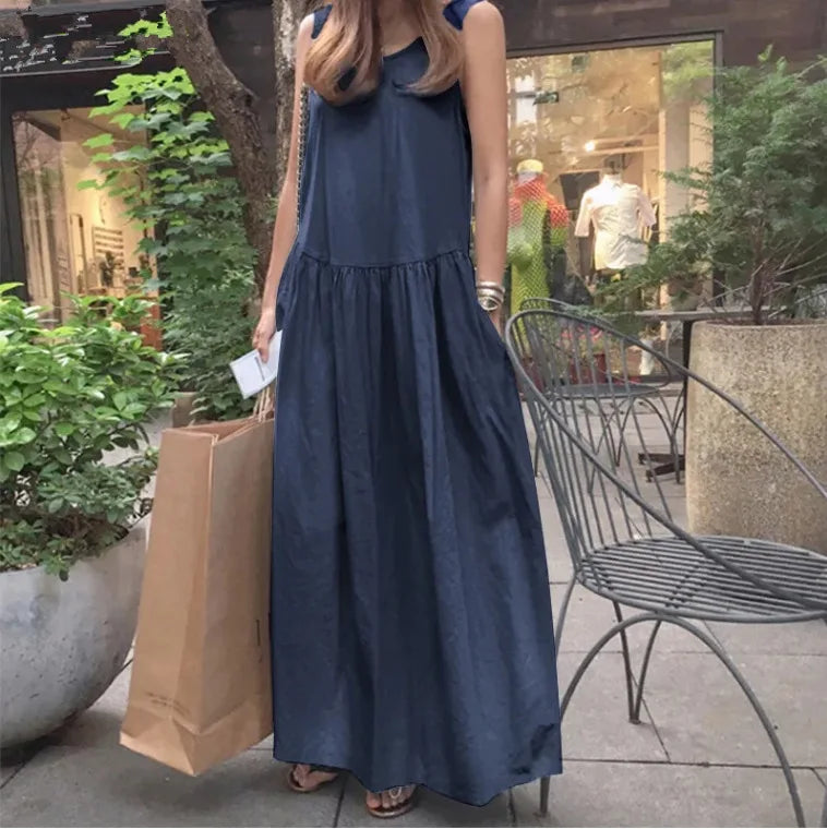 Women's Dress 2025 Summer Cotton and Linen Casual Round Neck Sleeveless Large Size Loose Solid Color Vest Long Swing Dress