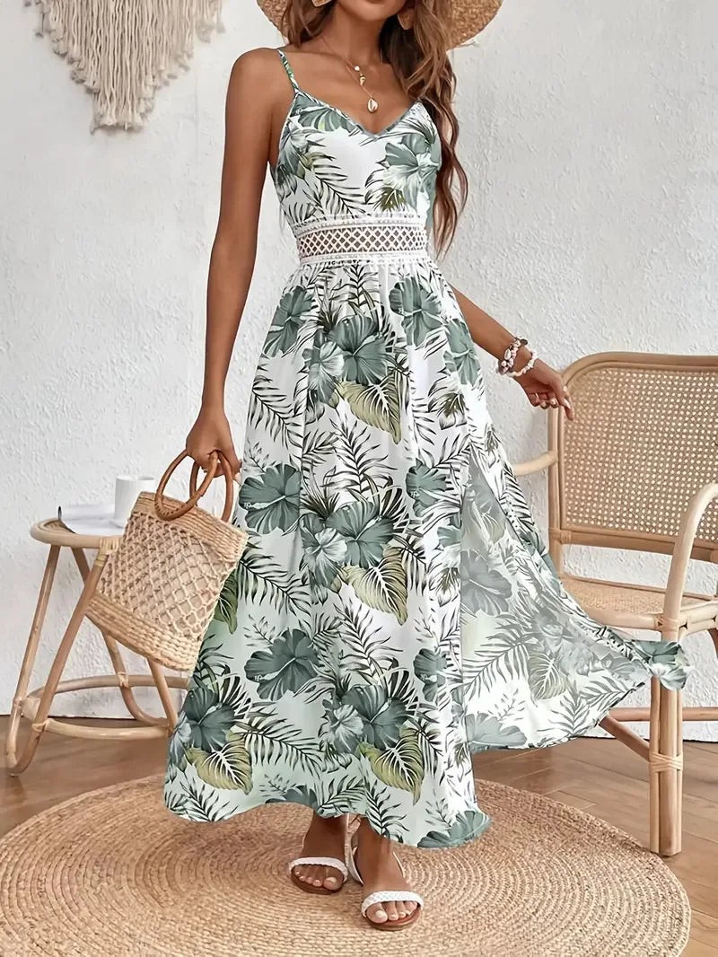 Robe Femmes V-neck Suspender Bohemian Style Fashion Printed Hem Slit Loose Dress Womens Summer New Beach Resort Style Long Skirt
