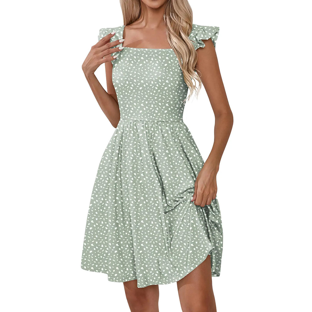 Women's Clothing Hot-selling Square Collar Sweet Floral Print Ruffled Knee-length Beach Skirt