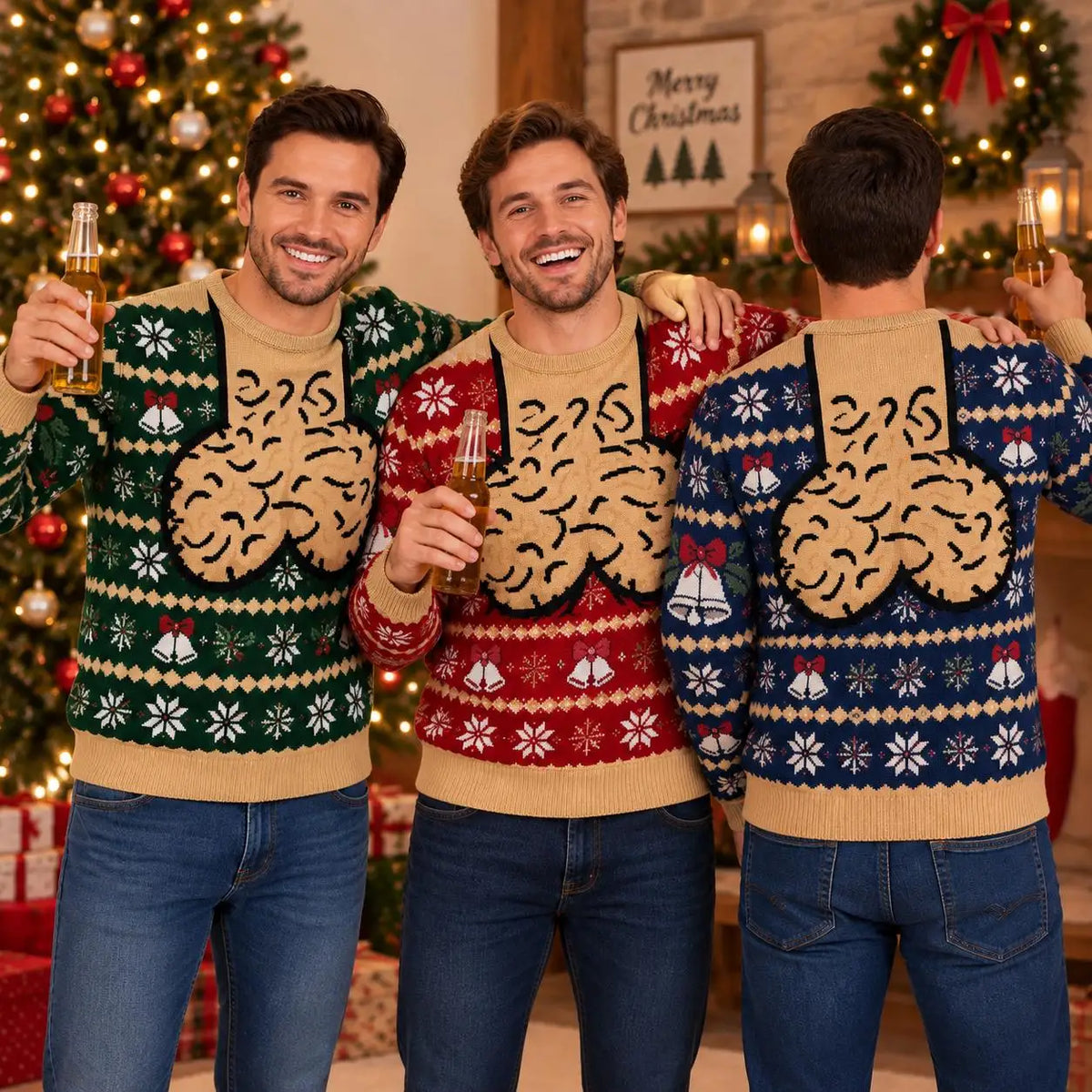 Men Christmas Ugly Shirt Funny Chest Hair Suspender Crew Neck Long Sleeve Snowflake Bell Green Red Blue Xmas Party Gifts