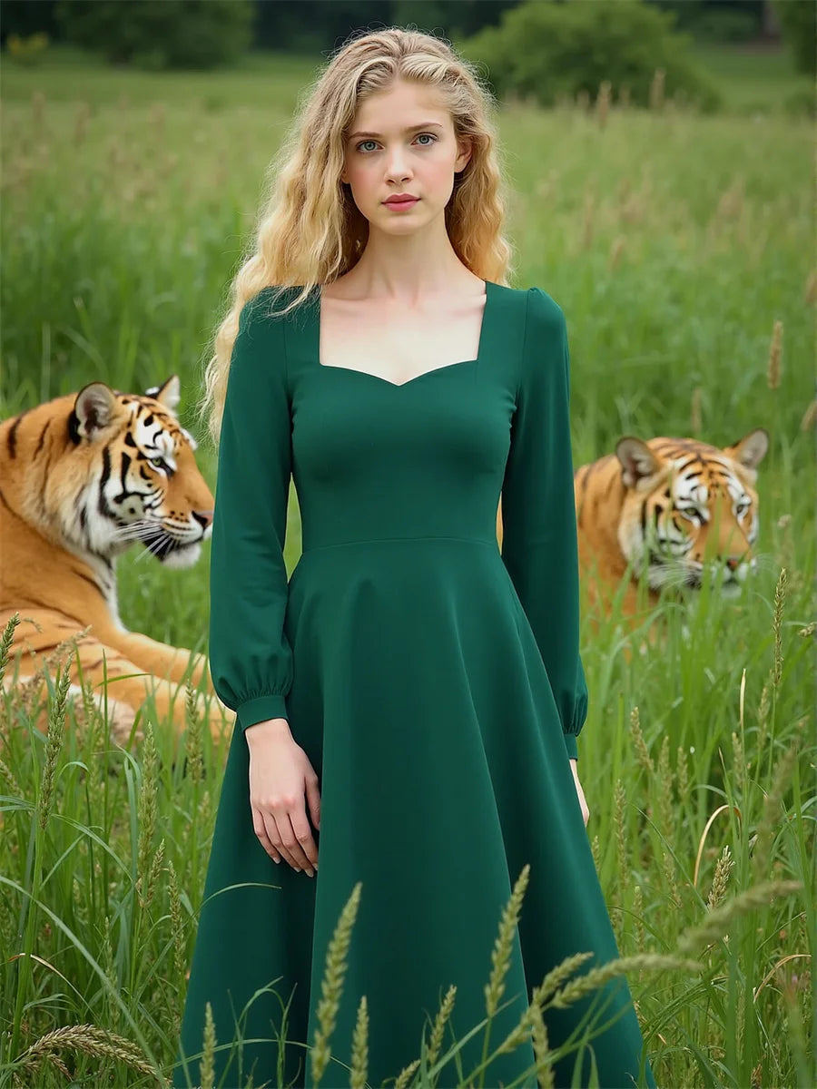 Women'S Dress Autumn Woman Long Sleeve Square Collar Elegant Beautiful Feminine Pretty Sweet Lovely Cute Fancy Exquisite Simple