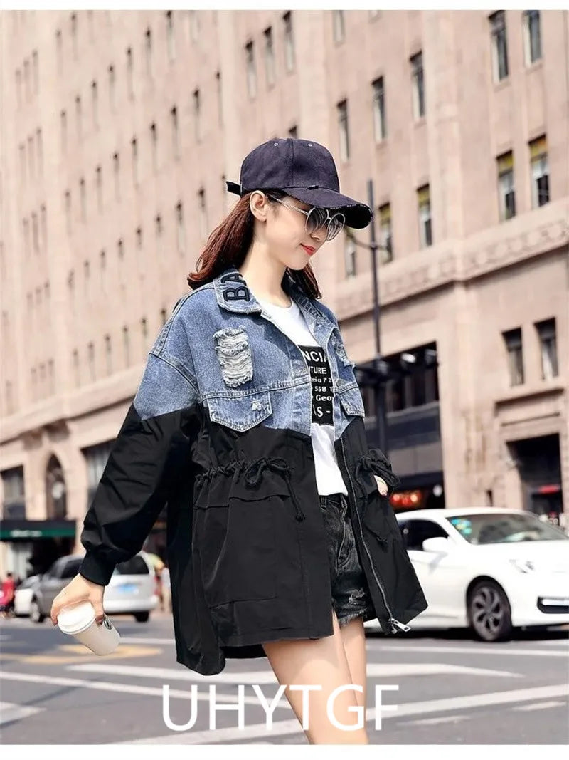 Veste Jean Femme Mi-Longue – Casual Grande Taille Printemps Automne S-3XL