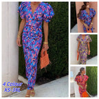 Elegant Women's Dresses Summer Print V-neck Tight Short Sleeved Women